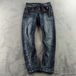 Y2K Jeans Mens 36 Acid Wash 3D Zip Pockets Plaid Trim Cyberpunk Grunge Italy